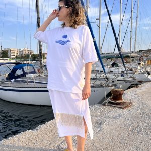 unisex t-shirt, white, illustrated with eco minimal stamp in blue colour