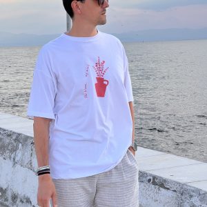unisex t-shirt, white, minimal illustrated, redpurple stamp , cotton fabric