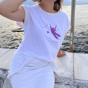white crop top, cotton, illustrated with minimal purple stamp,