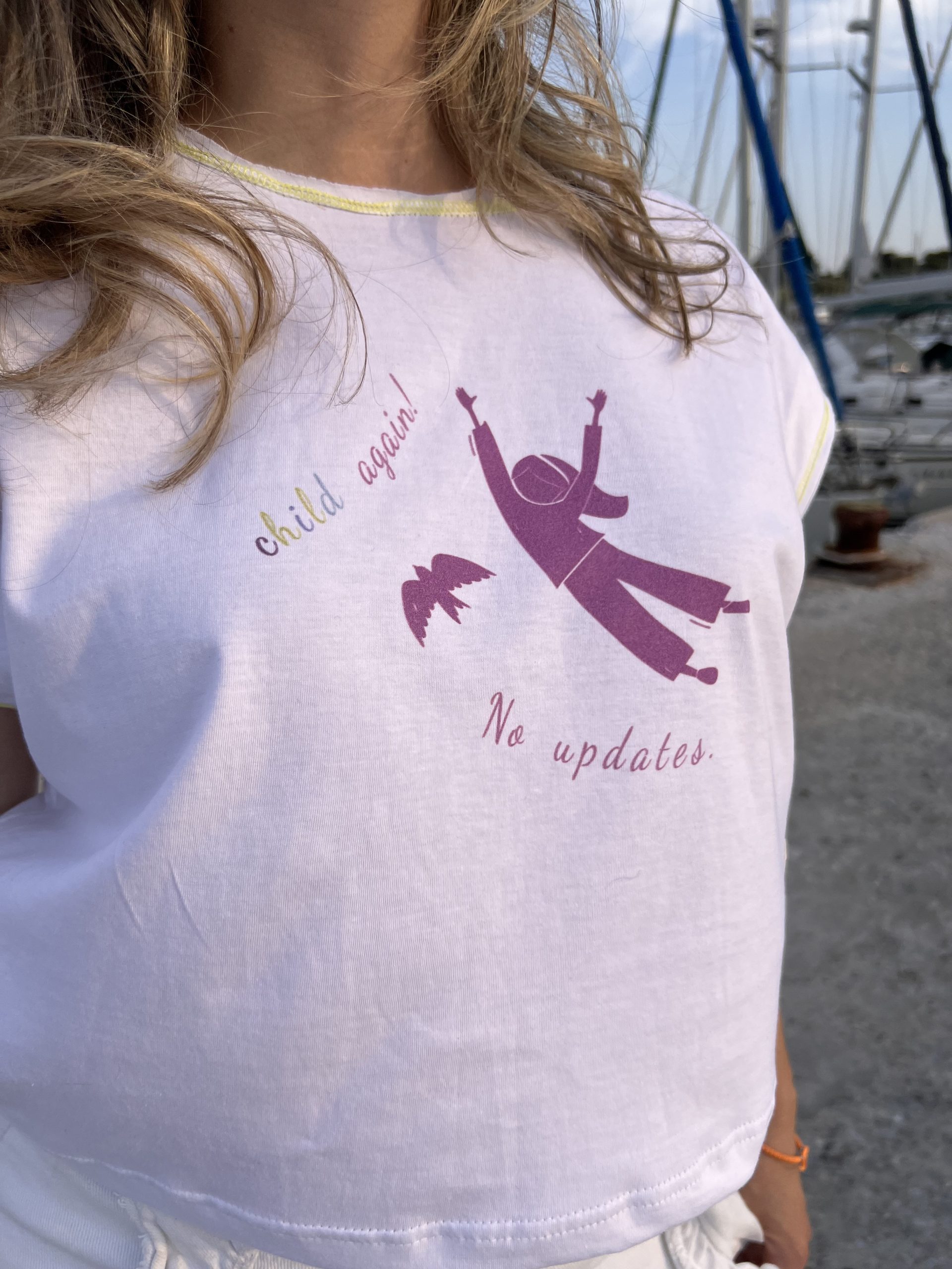 white crop top, cotton, illustrated with minimal purple stamp
