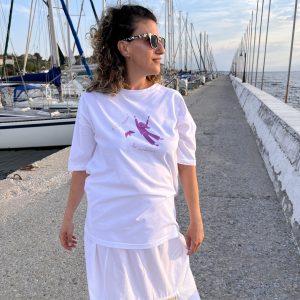 unisex t-shirt, white, minimal illustrated, purple stamp , cotton fabric