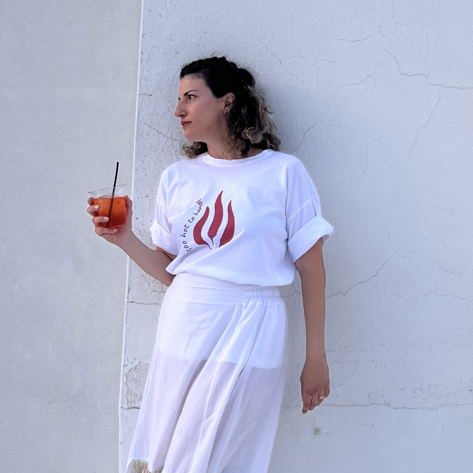 unisex t-shirt, white, minimal illustrated, red stamp with peppers , cotton fabric