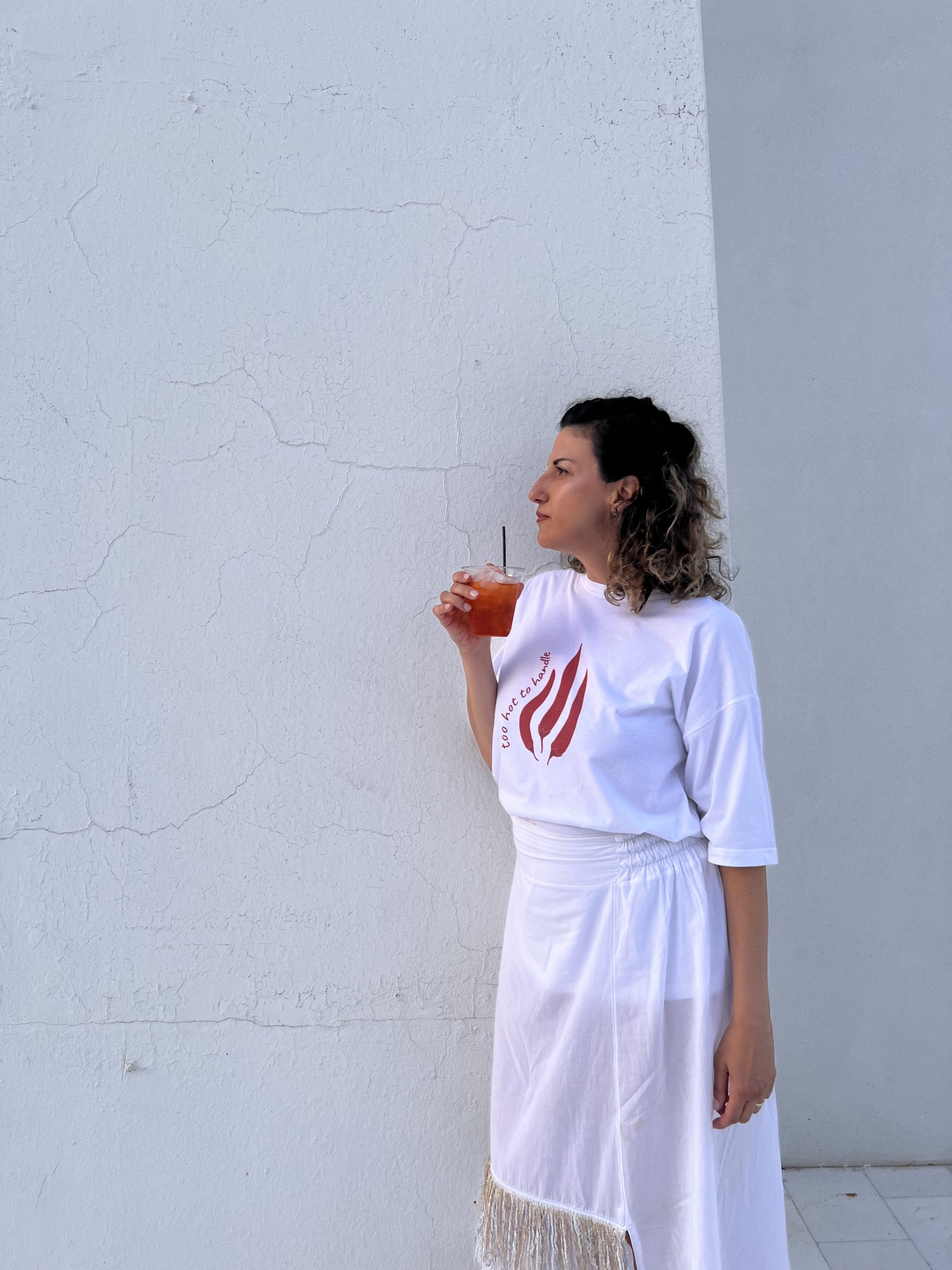 unisex t-shirt, white, minimal illustrated, red stamp with peppers , cotton fabric