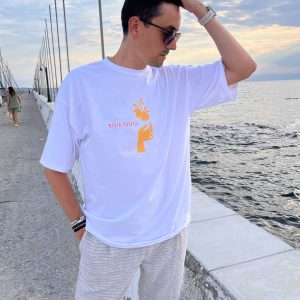 unisex t-shirt, white, minimal illustrated, orange stamp , cotton fabric