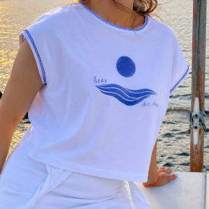 crop top, seas the day, blue, illustrated minimal, white