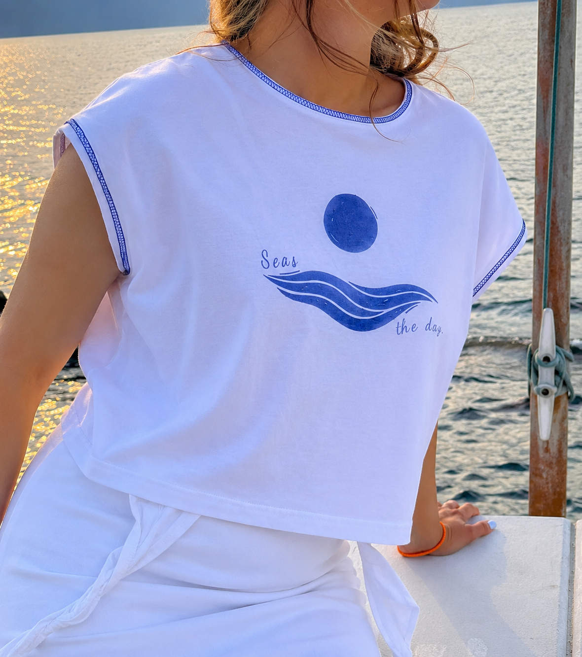 crop top, seas the day, blue, illustrated minimal, white